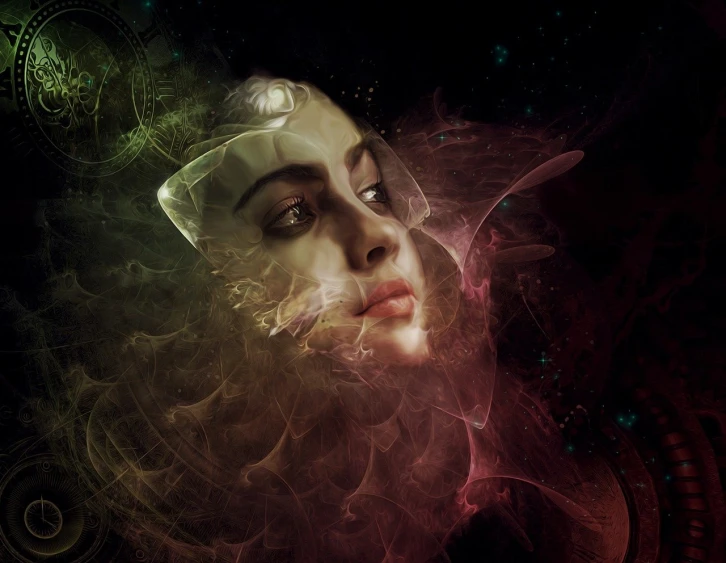 a woman with smoke coming out of her face, digital art, inspired by Alberto Seveso, digital art, jessica rossier and brian froud, apophysis, “ femme on a galactic shore, dreaming face