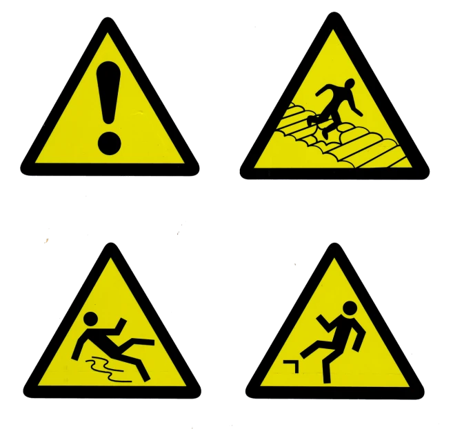 a series of warning signs on a black background, a photo, trampled, high details photo, sticker illustration, maintenance photo