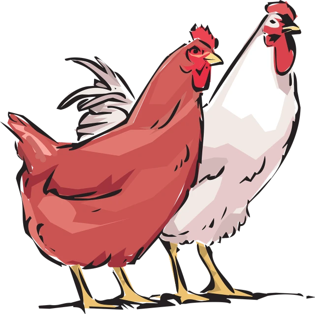 a couple of chickens standing next to each other, an illustration of, by David Budd, shutterstock, with a black background, crimson and white color scheme, clean cel shaded vector art, cartoon style illustration