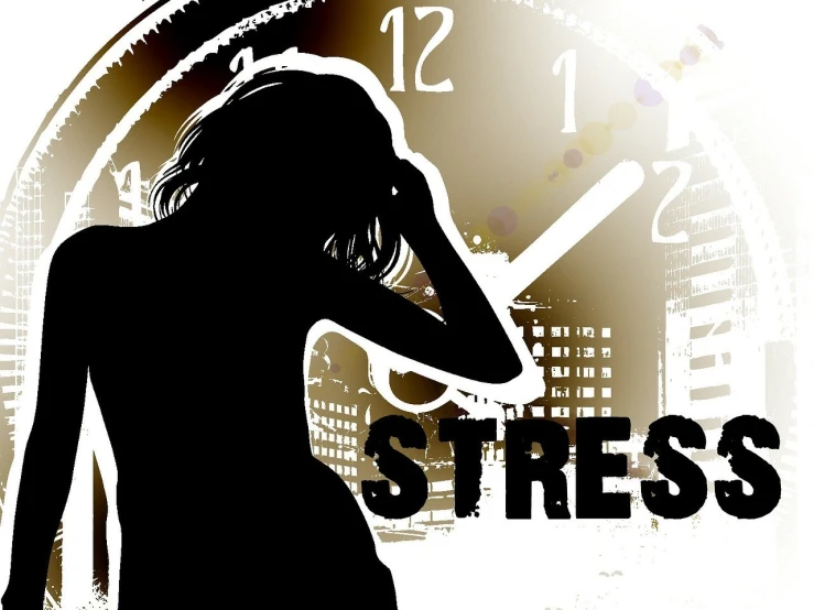 a woman that is standing in front of a clock, trending on pixabay, street art, stressed, word, stress, stylized silhouette