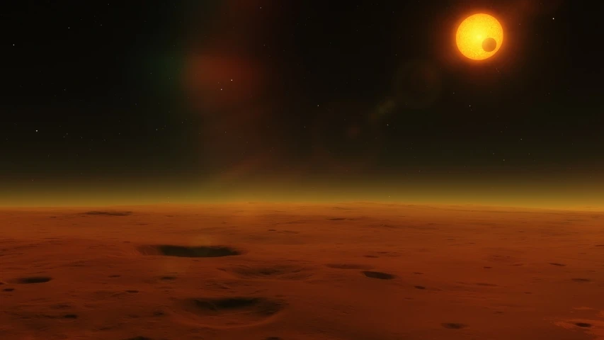 an orange planet with a bright moon in the background, a digital rendering, inspired by jessica rossier, star citizen halo, hd screenshot, on the surface of mars, hot sun from above