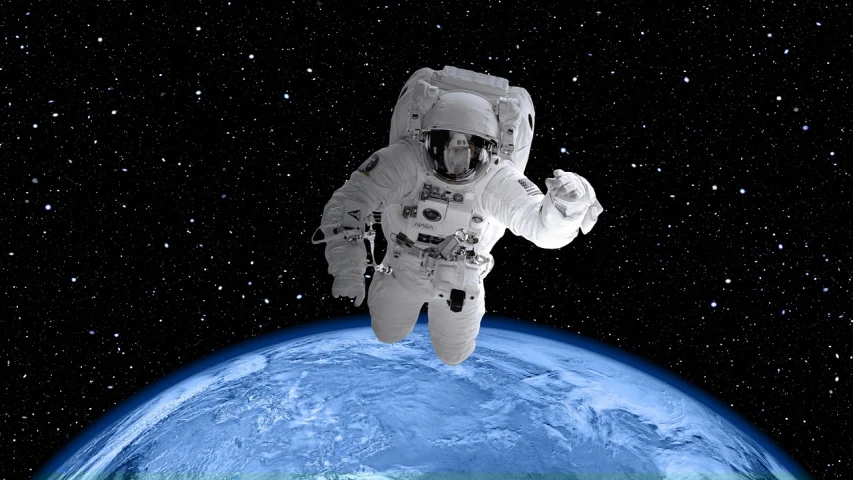 an astronaut floating in the air above the earth, a photo, shutterstock, phone wallpaper, silver space suit, 2000s photo