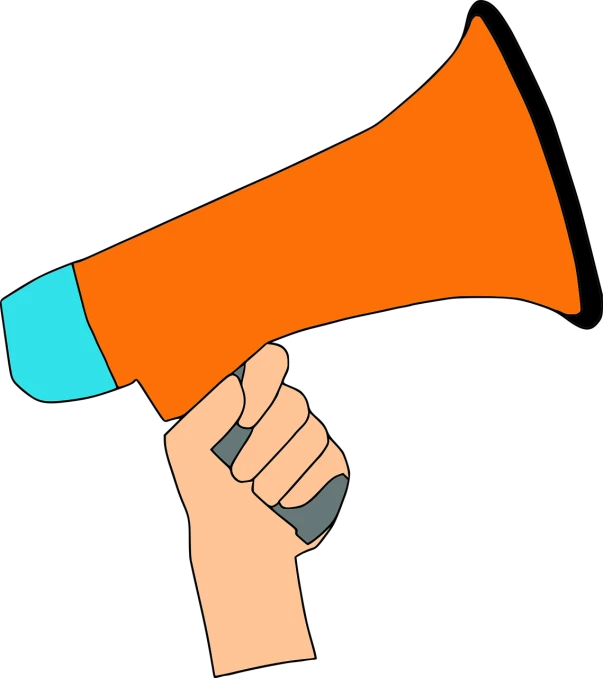 a hand holding an orange and blue megaphone, an illustration of, by Andrei Kolkoutine, pop art, on a flat color black background, wikihow illustration, protest movement, side view of a gaunt