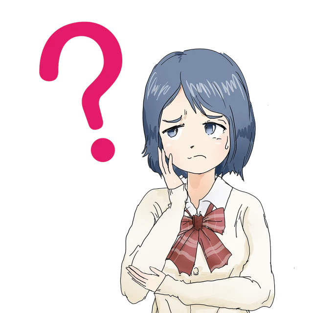 a cartoon girl with a question mark on her face, an anime drawing, shin hanga, digitally colored, concerned expression, uniform background, short blue haired woman