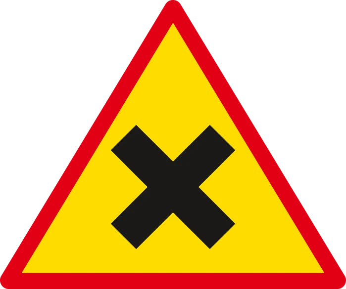 a yellow triangle with a black x on it, by Kees Bol, red yellow, wikimedia, intersection, warning