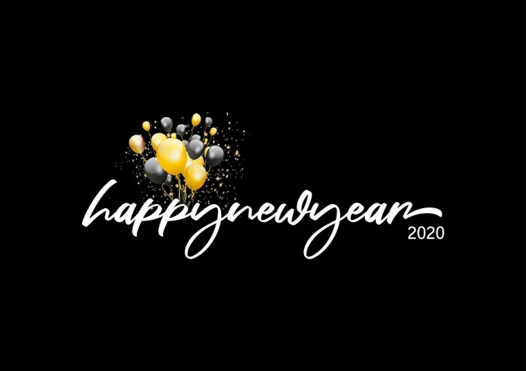 a black background with balloons and the words happy new year 2020, by Teresa Fasolino, pixabay, logo without text, black and yellow colors, 4 k post, champagne commercial