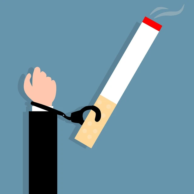 a person cutting a cigarette with a pair of scissors, vector art, conceptual art, thumb up, smoke trailing out the back, with a straw, flat design