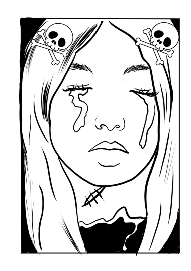 a drawing of a girl crying with skulls on her head, lineart, process art, one panel comic, tears drip from the eyes, asian face, clean coloring book page