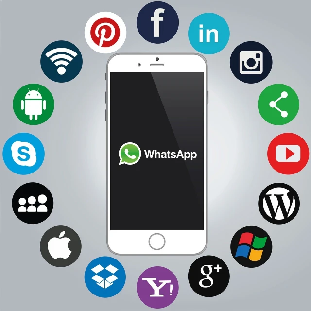 a phone with whatsapp on the screen surrounded by social icons, by Kurt Roesch, shutterstock, digital art, circular, oscar winning, on grey background, professionally designed