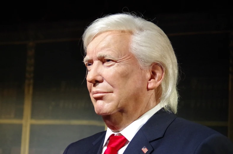 a close up of a person wearing a suit and tie, a portrait, reddit, photorealism, powdered wig, wax figure, president donald trump, long length slick white hair