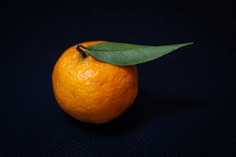 an orange with a leaf on top of it, a macro photograph, miniature product photo, on a dark background, mid shot photo, highly detailed product photo