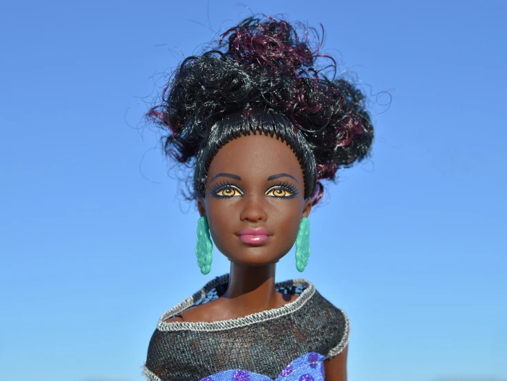 a close up of a doll wearing a dress, cg society contest winner, afrofuturism, at dusk!, modeled, black teenage girl, on a bright day