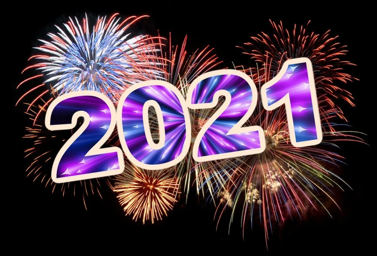 a fireworks display with the number 2021 in front of it, a picture, by Teresa Fasolino, shutterstock, purple and blue colored, colors red white blue and black, new design, january