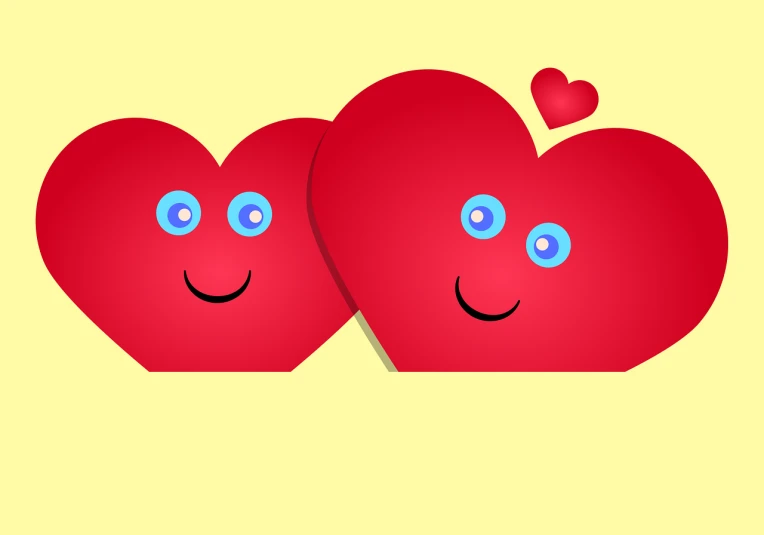 two red hearts with blue eyes on a yellow background, vector art, very cute features, slight smile and open eyes, cute photo, with a large head and big eyes
