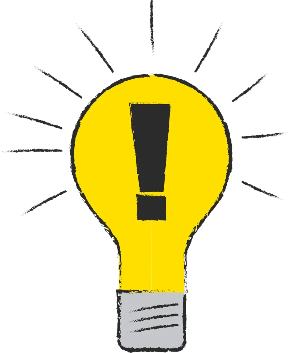 a yellow light bulb with a black exclamation, listing image, drawn, istockphoto, investigation