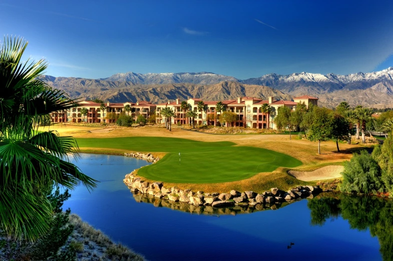 a golf course with mountains in the background, cobra, 6 4 0, lakes, center view, photo shot