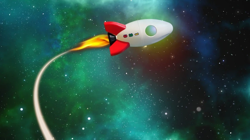 a red and white rocket flying through space, shutterstock, space art, 3 d icon for mobile game, colorful nebula background, pod racer, high quality fantasy stock photo