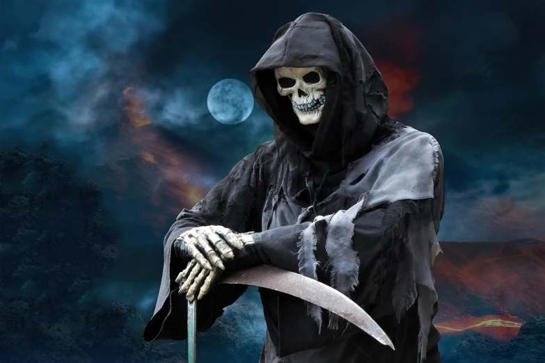 a skeleton with a scythe standing in front of a full moon, by Anne Stokes, pixabay, joe biden as a hooded arch mage, with black metal face paint, promo shot, horror animatronic