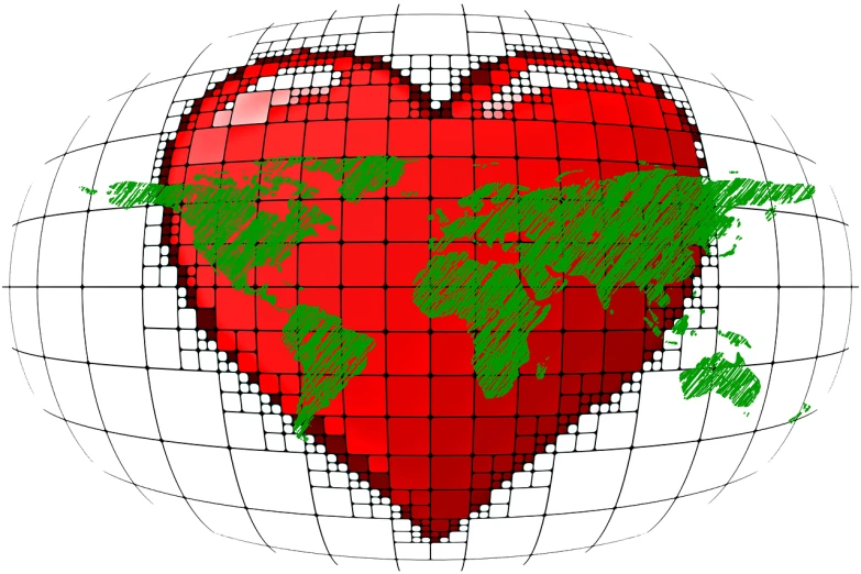 a red heart with a map of the world on it, a digital rendering, pop art, green digital world, grid, love os begin of all, mercator projection