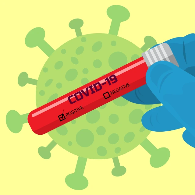 a person in blue gloves holding a red tube with a corona sign on it, an illustration of, virus, colored accurately, wikihow illustration, diagnostics