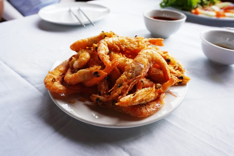 a close up of a plate of food on a table, a photo, hurufiyya, crispy quality, prawn, on a white table, battered