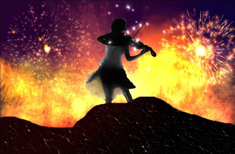 a woman standing on top of a hill holding a violin, concept art, romanticism, fireworks in the background, siluette, dancing around a fire, photo-shopped