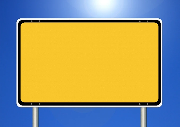 a yellow street sign sitting on top of a metal pole, a stock photo, by Andrei Kolkoutine, digital art, with a blue background, billboard, black. yellow, vector background