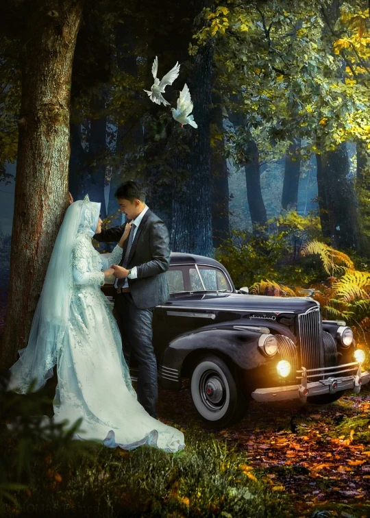 a bride and groom standing next to a vintage car, inspired by Rudy Siswanto, fantasy art, magical forest backround, vintage - w 1 0 2 4, high realism, photomanipulation