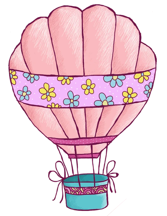 a drawing of a hot air balloon with flowers, tumblr contest winner, naive art, ((pink)), bottom viewa, ribbon, [ closeup ]!!