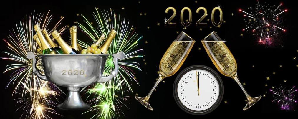 two champagne flutes and a clock with fireworks in the background, trending on pixabay, digital art, 👰 🏇 ❌ 🍃, pc screenshot, group photo, 2 0 2 0 s promotional art