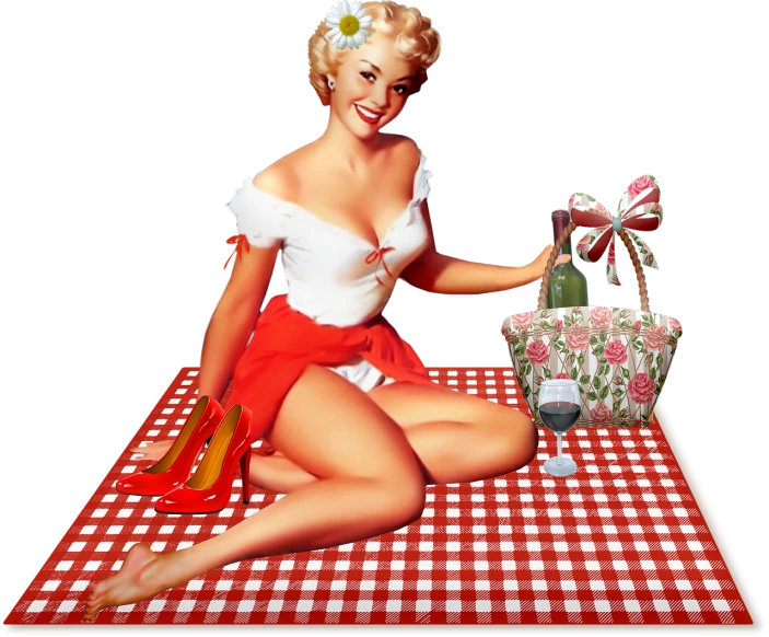 a pinup girl sitting on a checkered table cloth, digital art, pop art, having a picnic, wine, photoshopped, mm