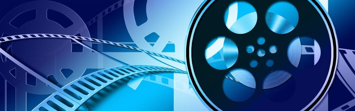 a close up of a film reel on a blue background, a digital rendering, pixabay, video art, dvd package, billboard image, bead and reel, stylised illustration