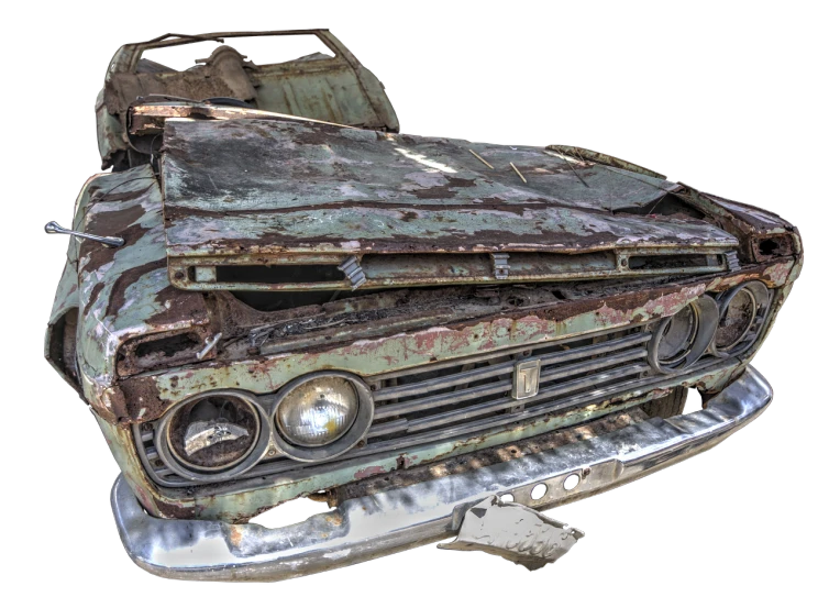 an old rusty car sitting on the side of the road, a portrait, by Richard Carline, featured on zbrush central, front face asymmetrical, sold for, marsden, top down