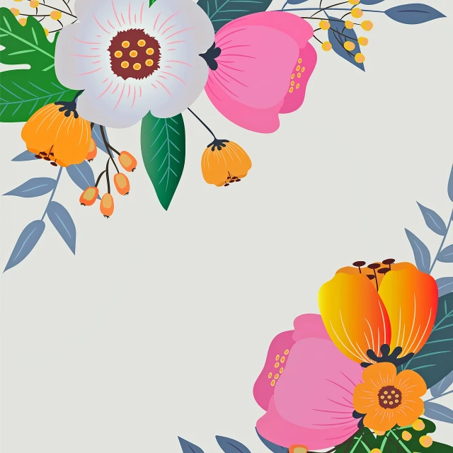 a bunch of flowers sitting on top of a white surface, a digital painting, by Fiona Rae, shutterstock contest winner, flat vector art background, on grey background, high detail illustration, flower frame
