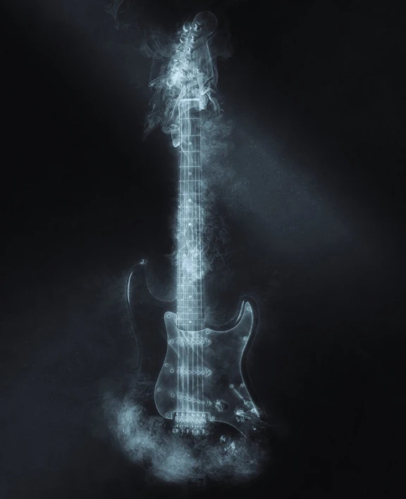 a black and white photo of a guitar, a hologram, by Joe Bowler, pexels contest winner, digital art, dark blue mist, gritty realistic smoke, 4k vertical wallpaper, translucent body