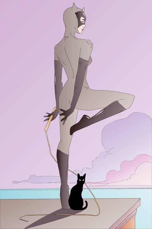 a black cat sitting on top of a table next to a person in a cat suit, inspired by Tomer Hanuka, tumblr, conceptual art, fishing pole, pastel palette silhouette, patrick nagel, at the sea