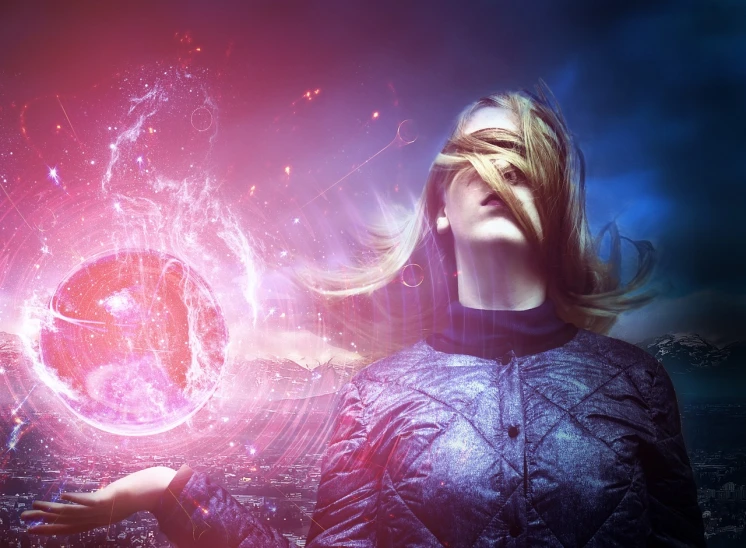 a woman holding a glowing object in her hands, digital art, by Kurt Roesch, shutterstock contest winner, energy spheres, blonde girl in a cosmic dress, beeple. octane render, erin moriarty as scarlet witch