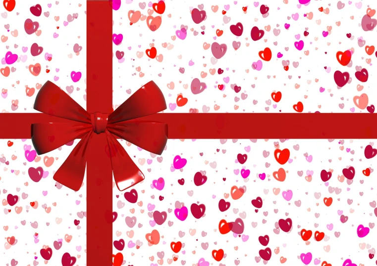 a gift wrapped in red and pink hearts with a red bow, an illustration of, by Kanō Tan'yū, pixabay, background is white, beautiful wallpaper, high res photo, background image