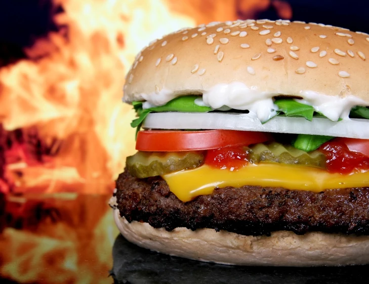 a close up of a hamburger with a fire in the background, a picture, by Joe Bowler, istockphoto, hyperrealistic!, a brightly coloured, trailer