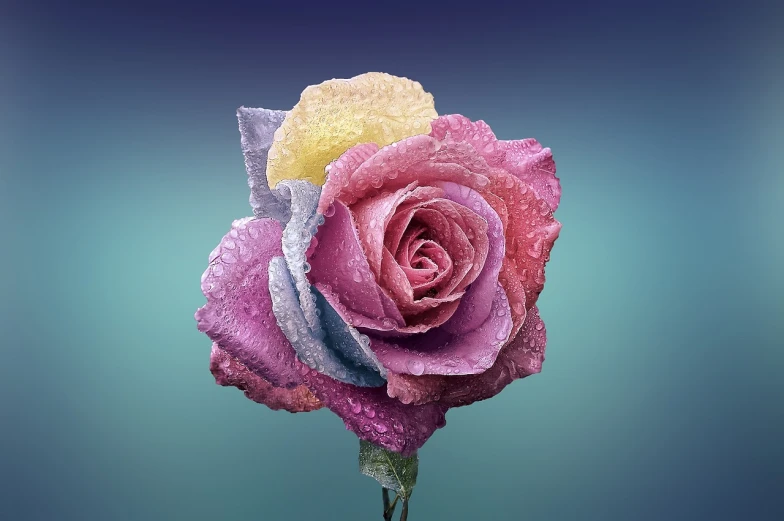 a close up of a flower with water droplets on it, a photorealistic painting, inspired by Alberto Seveso, pixabay, romanticism, roses background, blue and pink colors, rainbow gradient bloom, highly detailed shot