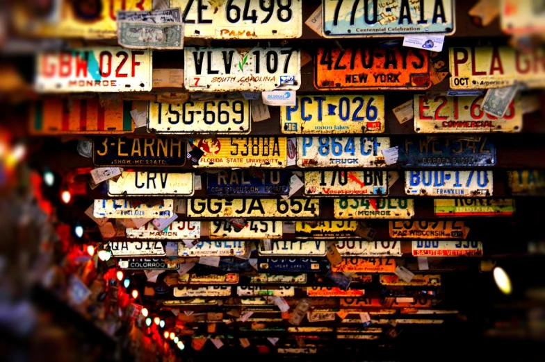 a bunch of license plates hanging from the ceiling, tumblr, 1 0 2 4 x 7 6 8, bridges, colorful”, antique