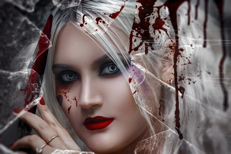 a close up of a woman with blood on her face, digital art, gothic art, girl with white hair, compositing, cover with blood, halloween theme