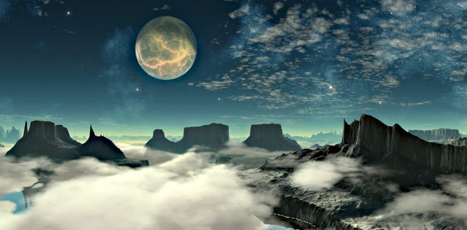 a view of a mountain range with a moon in the sky, inspired by Patrick Nasmyth, pixabay contest winner, space art, toxic glowing smog in the sky, floating lands in-clouds, in the bottom there a lot of fog, alien desert