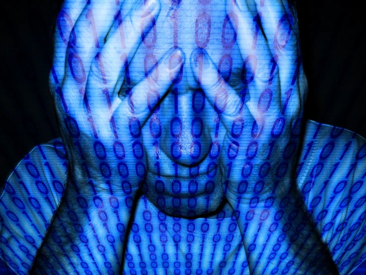 a man covering his face with his hands, a stock photo, ascii art, blue scales covering her chest, ((((octane render, photograph credit: ap, postprocessed