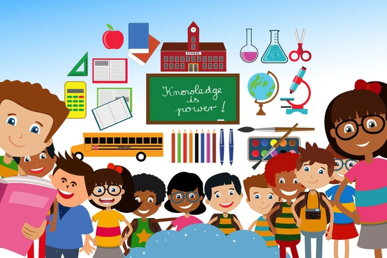 a group of children standing in front of a blackboard, an illustration of, shutterstock, northwest school, knowledge, on clear background, commercial illustration, beautiful day