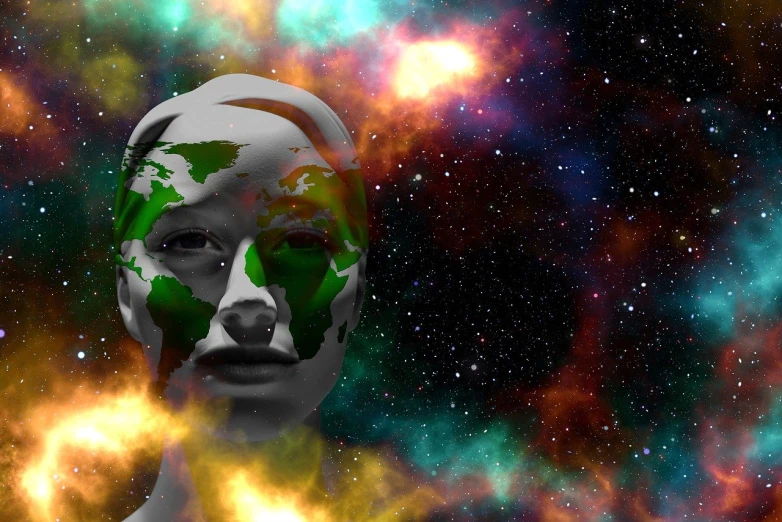 a close up of a person with a painted face, digital art, digital art, looming over earth in space, full figured mother earth, green head, world on fire