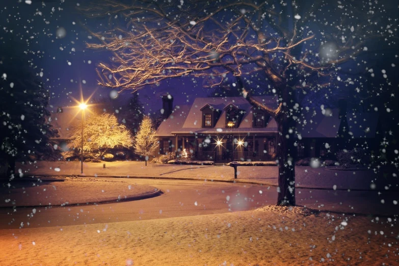 a snowy night with a house in the background, a picture, pexels contest winner, peaceful suburban scene, artistic 4 k, holiday season, 1505