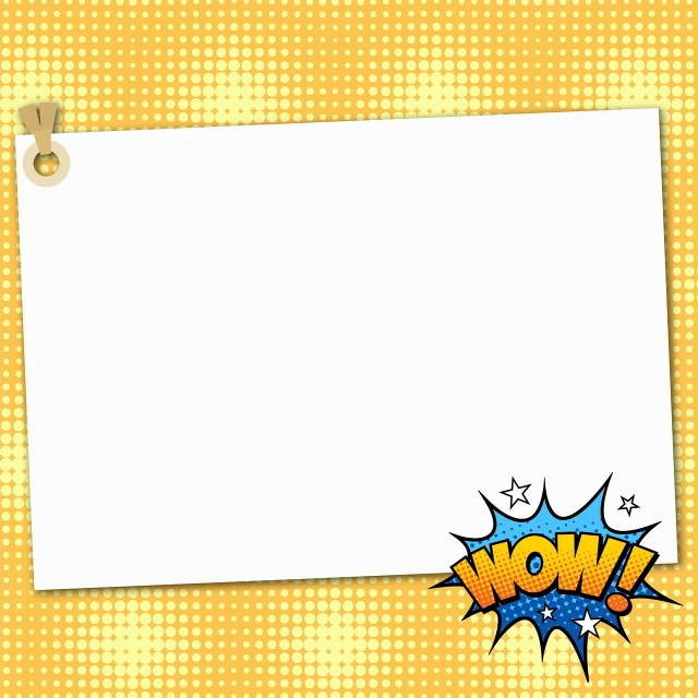 a piece of paper with the word wow on it, a comic book panel, inspired by Lichtenstein, pixabay, pop art, full view blank background, poster template on canva, gold background, anime movie frame
