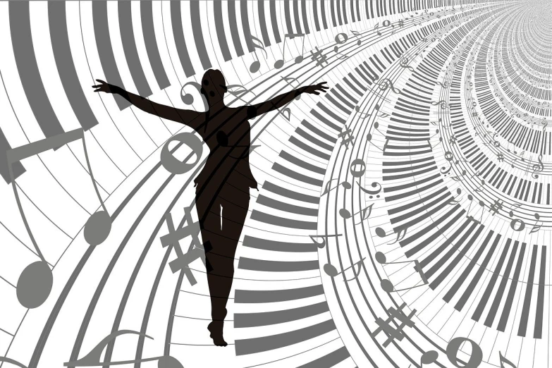 a man that is standing in front of a piano, an illustration of, trending on pixabay, conceptual art, vitruvian woman, musical notes, !!! very coherent!!! vector art, woman is curved