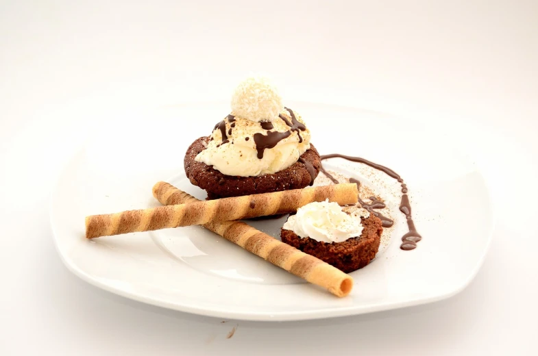 a couple of desserts sitting on top of a white plate, inspired by François Bocion, cookies, eating ice - cream, productphoto, stick